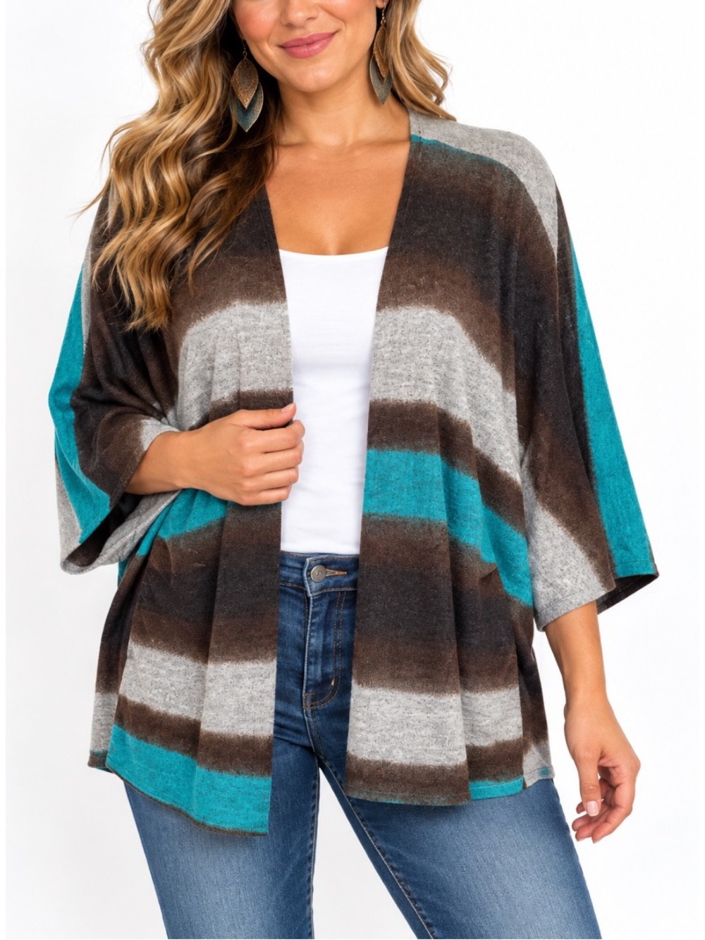 Maurice’s open-front striped knit shawl/cardigan in Brown & Teal L/XL
